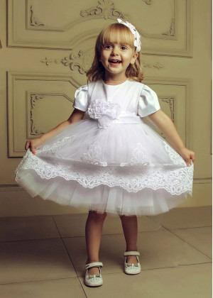 Short Sleeves Ivory Satin Lace Cute Flower Girl Dress